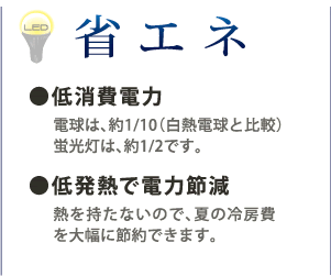 省エネ　低消費電力：電球は、約1/10（白熱電球と比較）蛍光灯は、約1/2です。低発熱で電力節減：熱を持たないので、夏の冷房費を大幅に節約できます。